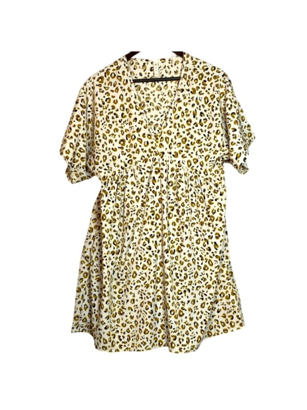 MTS Leopard Print Cream Flutter Sleeve Dress With V-Neck & Pockets Lightweight L